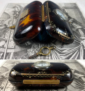 Fine Antique Mid 19th Century French Pique Tortoise Shell Coin Purse w Watch, Clock Mount