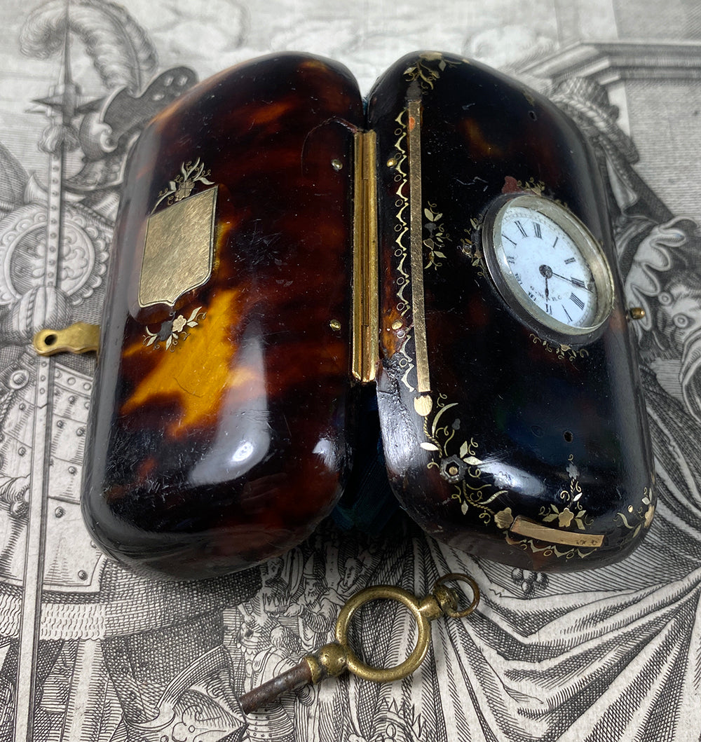 Fine Antique Mid 19th Century French Pique Tortoise Shell Coin Purse w Watch, Clock Mount