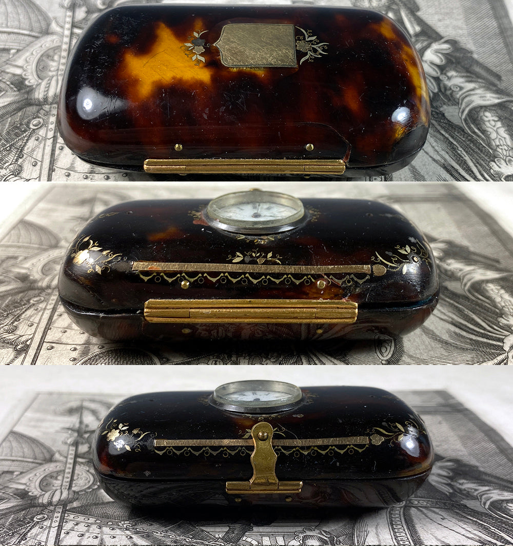 Fine Antique Mid 19th Century French Pique Tortoise Shell Coin Purse w Watch, Clock Mount