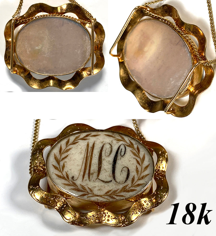 Fine Antique French 18k Gold and Hair Art Memorial Pendant, Mother of Pearl Mourning Victorian Era