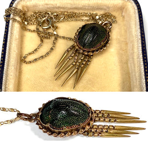 Antique Victorian Era 18k Pendant Mount Scarab Beetle, Dangles, 19" 14k Gold Chain