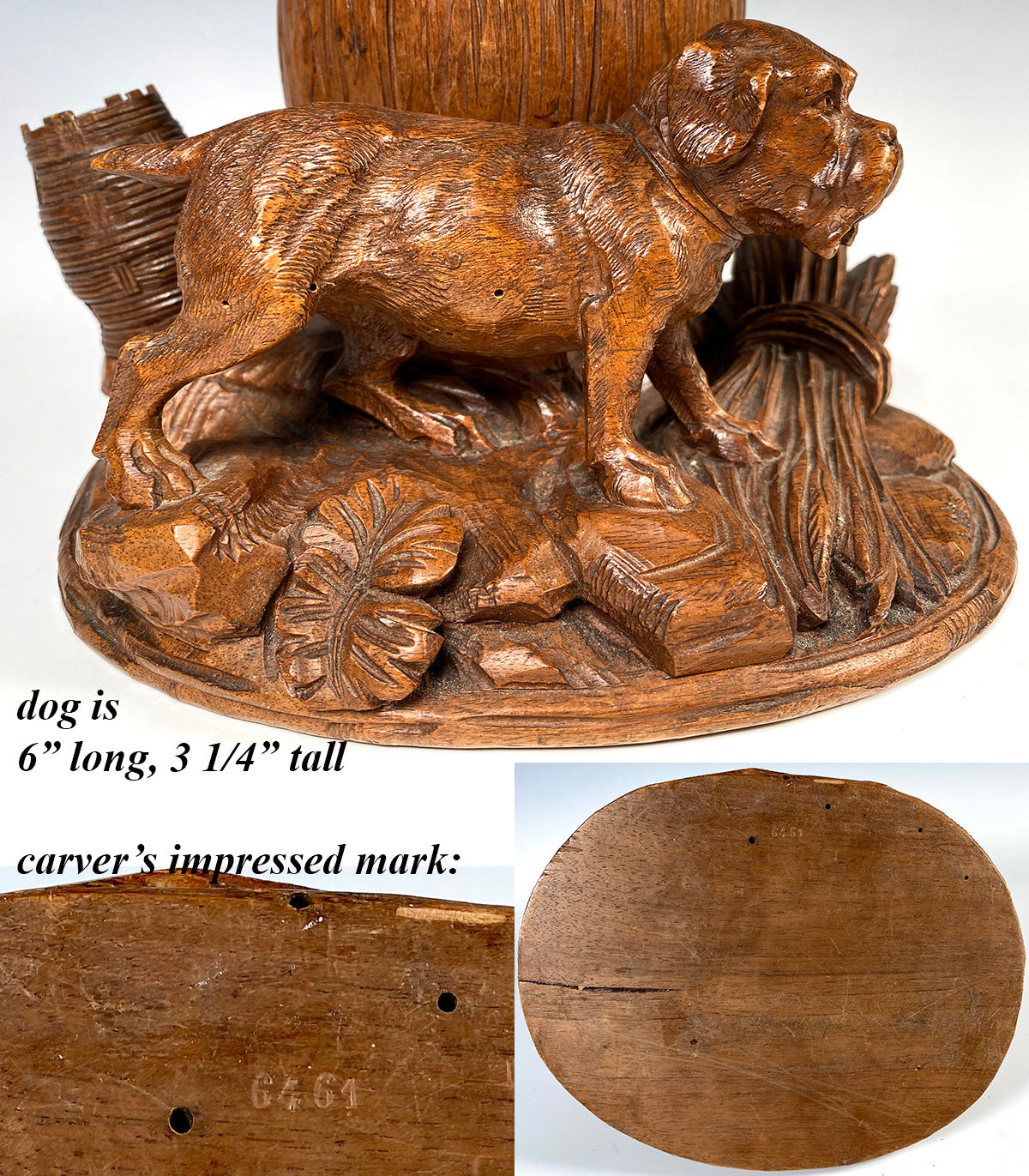 Fabulous Antique Swiss Hand Carved Black Forest Smoker's Stand, Cigar Caddy with Bull Dog