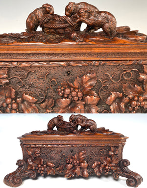 Exceptional 19th Century Antique HC Swiss Black Forest 14.25" Box, Cabriole Legs, 3 Rabbits, Hare on Top