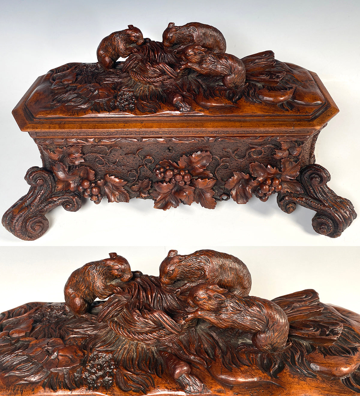 Exceptional 19th Century Antique HC Swiss Black Forest 14.25" Box, Cabriole Legs, 3 Rabbits, Hare on Top