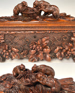 Exceptional 19th Century Antique HC Swiss Black Forest 14.25" Box, Cabriole Legs, 3 Rabbits, Hare on Top