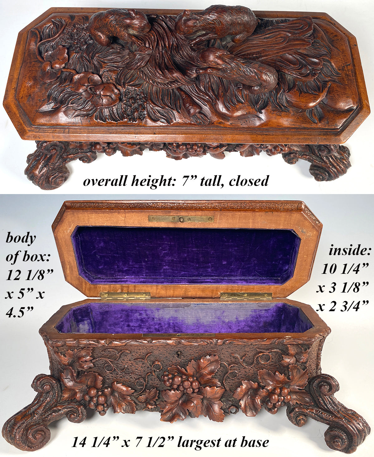 Exceptional 19th Century Antique HC Swiss Black Forest 14.25" Box, Cabriole Legs, 3 Rabbits, Hare on Top