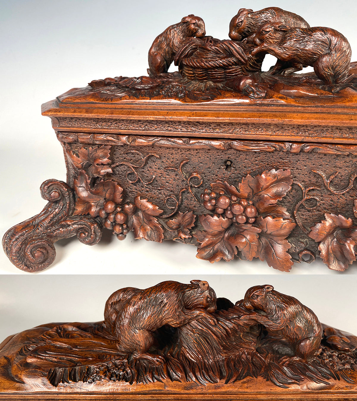 Exceptional 19th Century Antique HC Swiss Black Forest 14.25" Box, Cabriole Legs, 3 Rabbits, Hare on Top