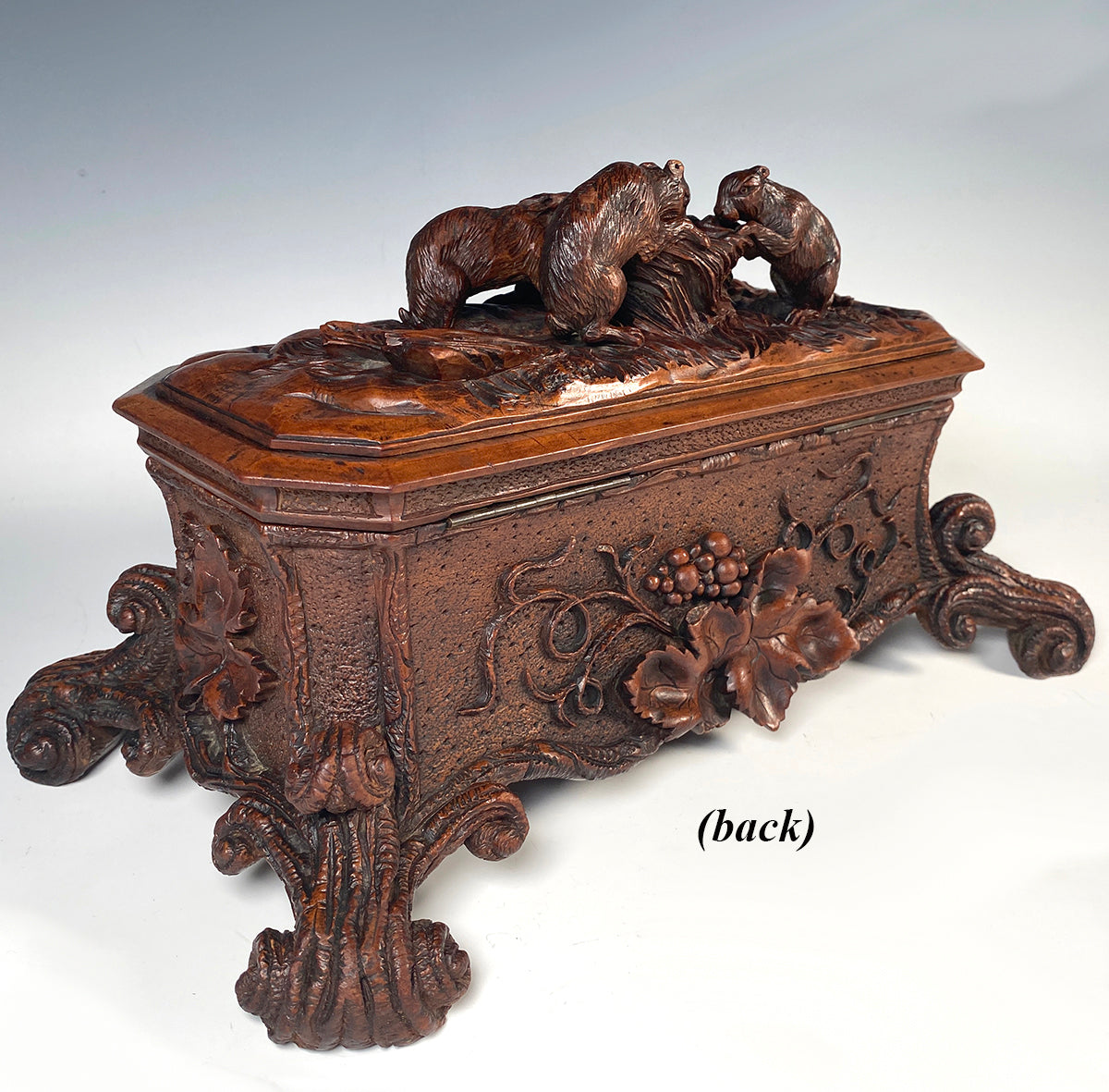 Exceptional 19th Century Antique HC Swiss Black Forest 14.25" Box, Cabriole Legs, 3 Rabbits, Hare on Top