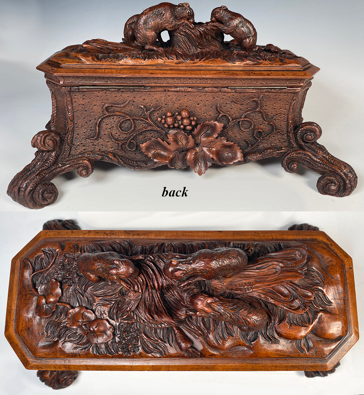 Exceptional 19th Century Antique HC Swiss Black Forest 14.25" Box, Cabriole Legs, 3 Rabbits, Hare on Top