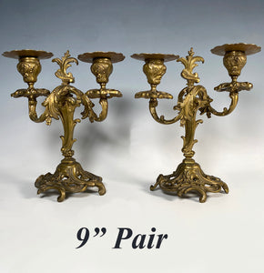 PAIR: Heavy Antique French 9" Tall 2-Branch Candlestick, Candle Holders, Candelabrum in Louis XVI Style