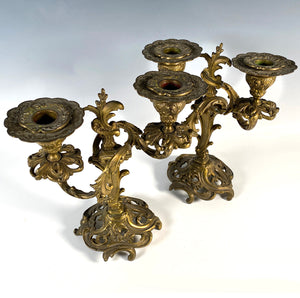 PAIR: Heavy Antique French 9" Tall 2-Branch Candlestick, Candle Holders, Candelabrum in Louis XVI Style