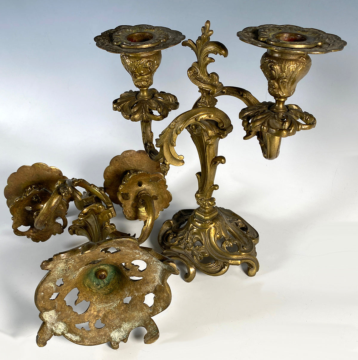 PAIR: Heavy Antique French 9" Tall 2-Branch Candlestick, Candle Holders, Candelabrum in Louis XVI Style