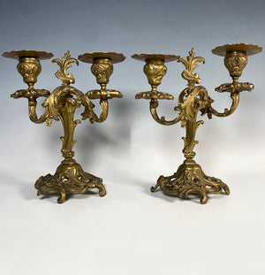 PAIR: Heavy Antique French 9" Tall 2-Branch Candlestick, Candle Holders, Candelabrum in Louis XVI Style