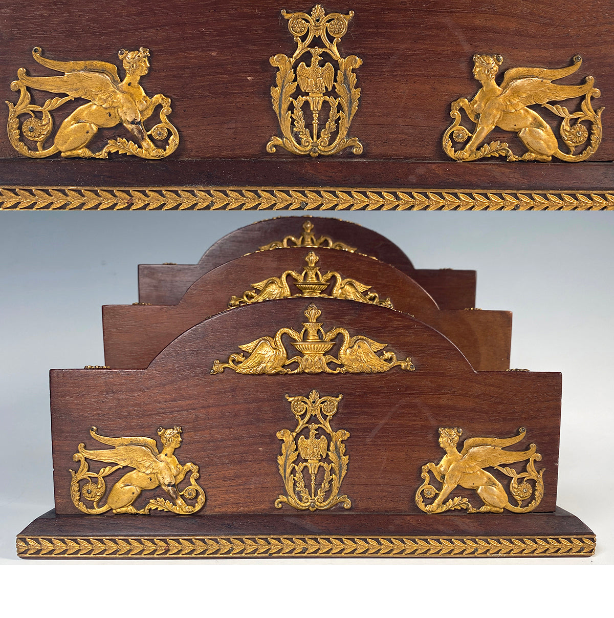 Antique French Empire Letter or Stationery Stand, Rack, Napoleonic Appliques, Swans, Eagle, Chimera Sphynx, Sphinx