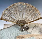 Antique c. 1900 French 19mm Hand Fan, Horn and Embroidered Sequins in Box with Etiquette Stamp