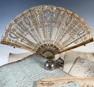 Antique c. 1900 French 19mm Hand Fan, Horn and Embroidered Sequins in Box with Etiquette Stamp