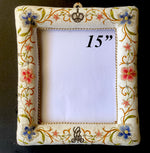 Unique Antique French Silk Embroidered Kid Leather Padded 15" Frame with Crown and Monogram in Metallic Thread