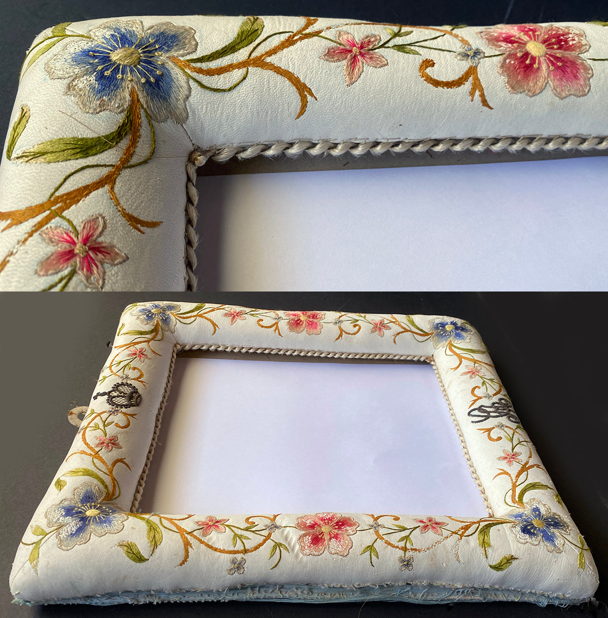 Unique Antique French Silk Embroidered Kid Leather Padded 15" Frame with Crown and Monogram in Metallic Thread
