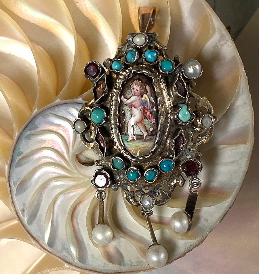 RARE 18th Century French 18k Gold and Silver Pendant, Kiln-fired Enamel Plaque, Gems, Pearls Locket