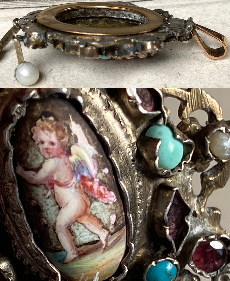 RARE 18th Century French 18k Gold and Silver Pendant, Kiln-fired Enamel Plaque, Gems, Pearls Locket