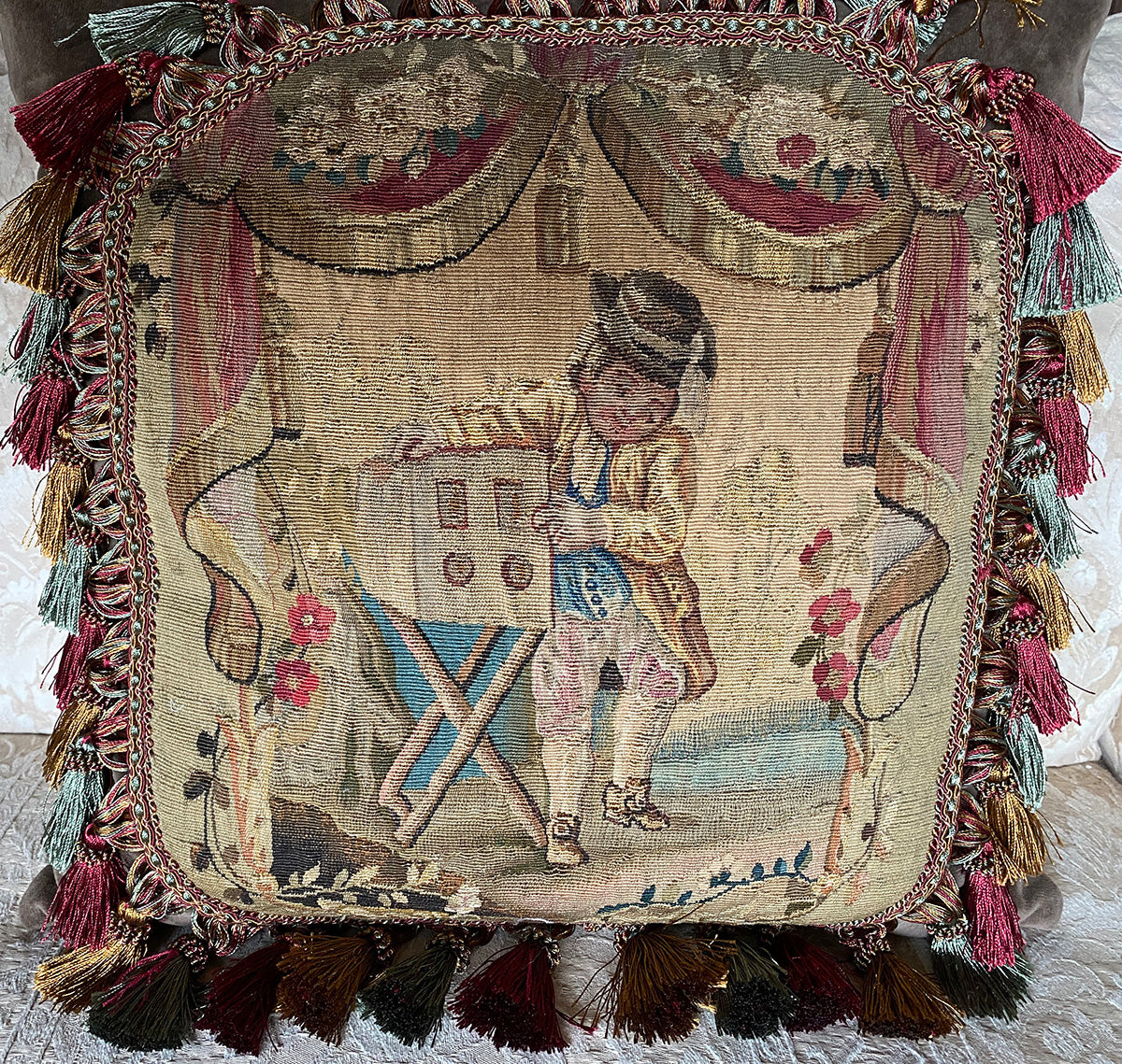 Superb 20" Square Throw Pillow with 18th Century Antique French Aubusson Tapestry and 4" Fringe Passementerie