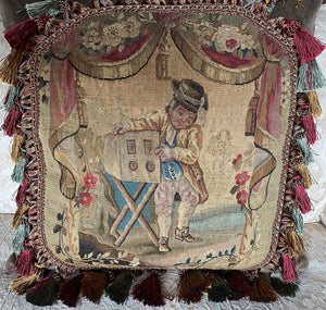 Superb 20" Square Throw Pillow with 18th Century Antique French Aubusson Tapestry and 4" Fringe Passementerie