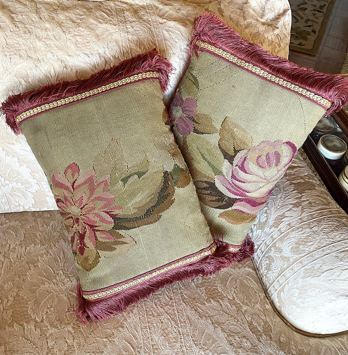 Antique 18th Century French Aubusson Tapestry Fragment & Passementerie Throw Pillow Pair