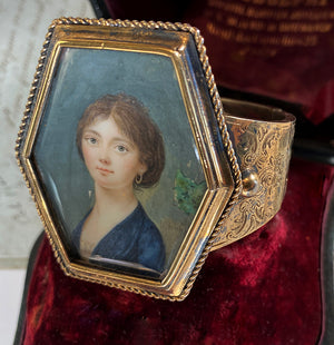 Antique French Portrait Miniature Bracelet, 18k Gold on Sterling Silver, Large, Artist's Signature