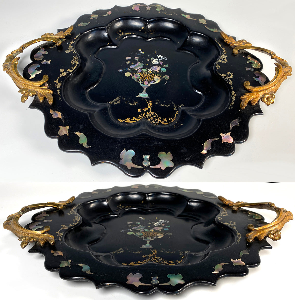 Opulent 14" x 11" Antique French Papier Mache Serving Tray, Inlay Mother of Pearl and Cast Handles