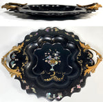 Opulent 14" x 11" Antique French Papier Mache Serving Tray, Inlay Mother of Pearl and Cast Handles