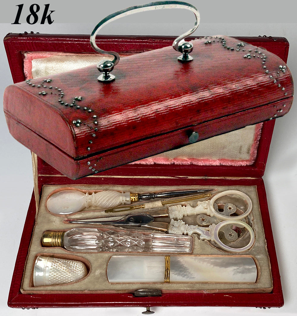 Antique c.1810 French Palais Royal Sewing Case, Etui, Necessaire, Mother of Pearl Tools, 18k Gold Bodkin, Trim, Scent Bottle