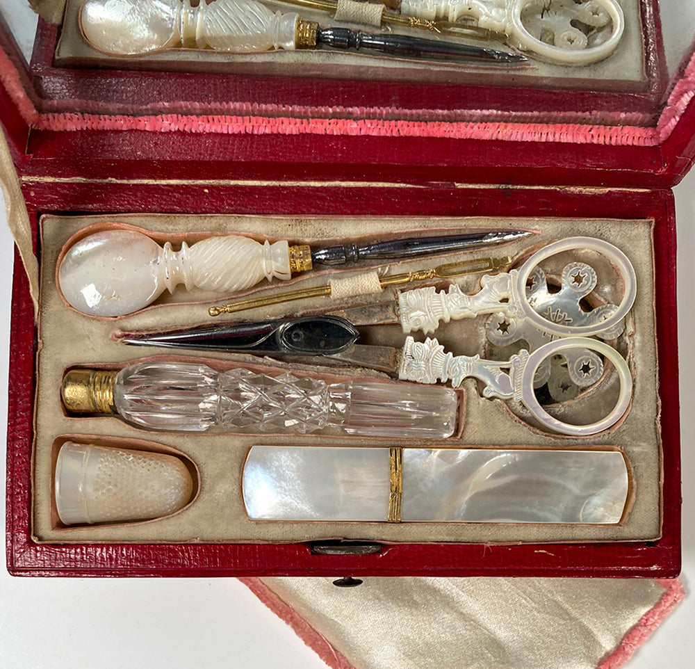 Antique c.1810 French Palais Royal Sewing Case, Etui, Necessaire, Mother of Pearl Tools, 18k Gold Bodkin, Trim, Scent Bottle