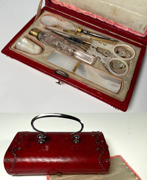 Antique c.1810 French Palais Royal Sewing Case, Etui, Necessaire, Mother of Pearl Tools, 18k Gold Bodkin, Trim, Scent Bottle