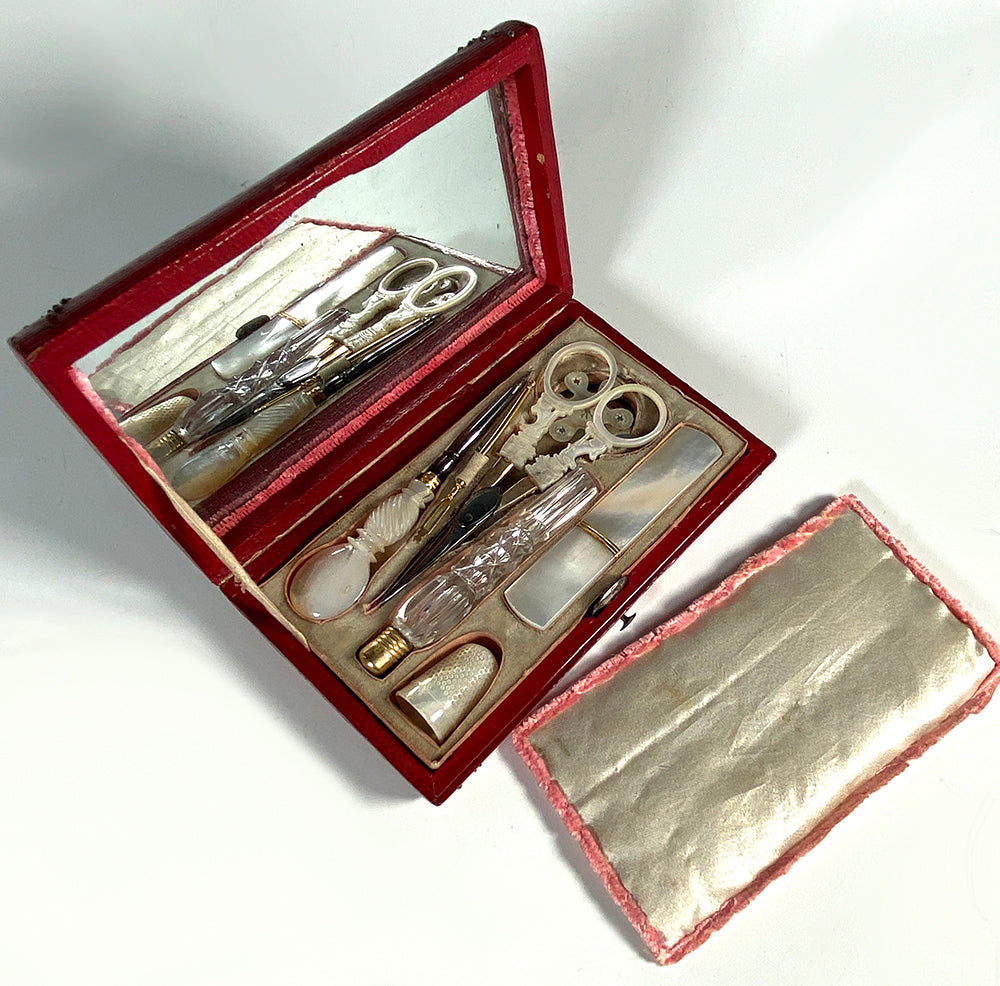 Antique c.1810 French Palais Royal Sewing Case, Etui, Necessaire, Mother of Pearl Tools, 18k Gold Bodkin, Trim, Scent Bottle