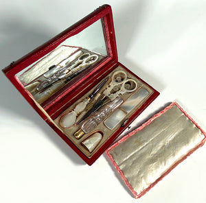 Antique c.1810 French Palais Royal Sewing Case, Etui, Necessaire, Mother of Pearl Tools, 18k Gold Bodkin, Trim, Scent Bottle