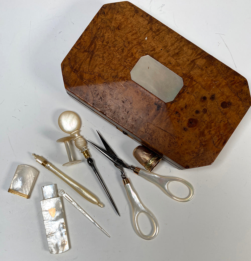 Antique French Palais Royal Sewing Etui, Case Set of Mother of Pearl & 18k Thimble Gold Trim Sewing Tools, Scissors, Crochet Tambour, etc