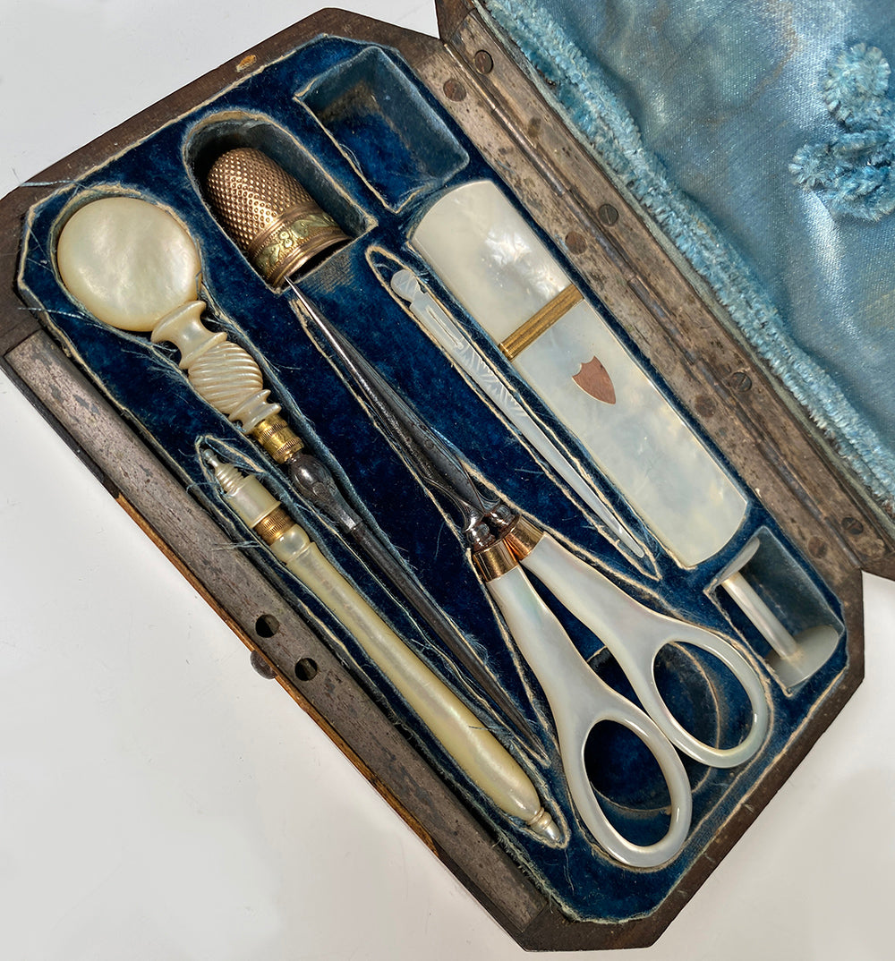 Antique French Palais Royal Sewing Etui, Case Set of Mother of Pearl & 18k Thimble Gold Trim Sewing Tools, Scissors, Crochet Tambour, etc
