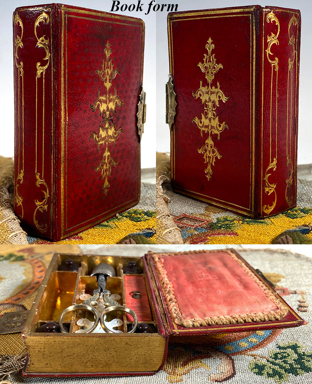 Antique French Palais Royal 3 3/8" Sewing Etui, Necessaire, Box, 8 Tools in Little Book, c.1810