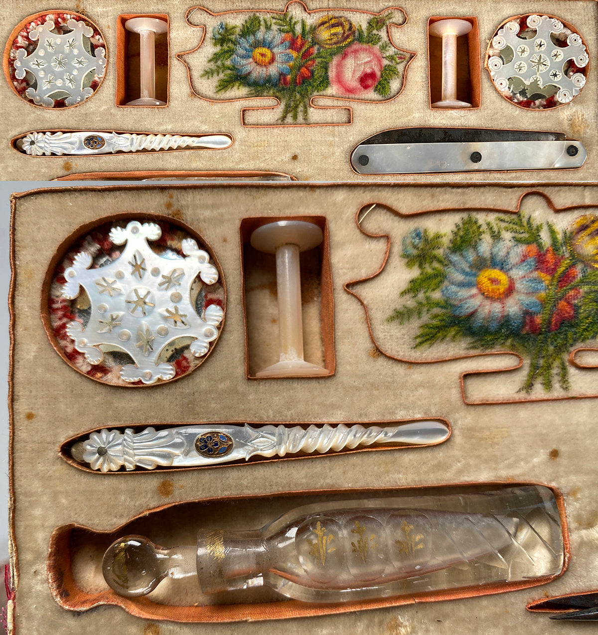 Superb Antique C.1810 French Palais Royal 8.6" Sewing Box, Mother of Pearl Tools, 18k Gold 6 Medallions, Crochet Tambour