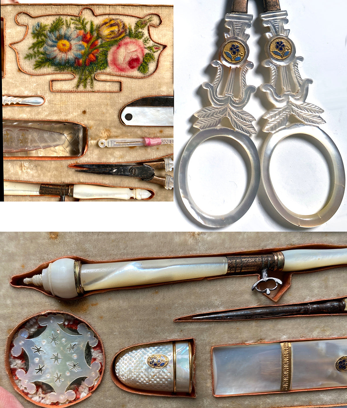 Superb Antique C.1810 French Palais Royal 8.6" Sewing Box, Mother of Pearl Tools, 18k Gold 6 Medallions, Crochet Tambour