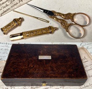 Superb c.1820 Antique French Palais Royal 18k Gold Sewing Necessaire, Tools, Perfume, Scissors, Mother of Pearl