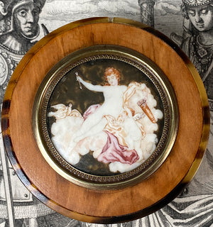 Antique French Wood and Shell Snuff or Patch Box, Portrait or Miniature Painting of Psyche, Cupid