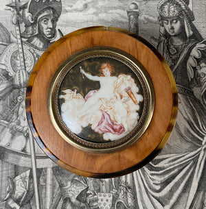 Antique French Wood and Shell Snuff or Patch Box, Portrait or Miniature Painting of Psyche, Cupid