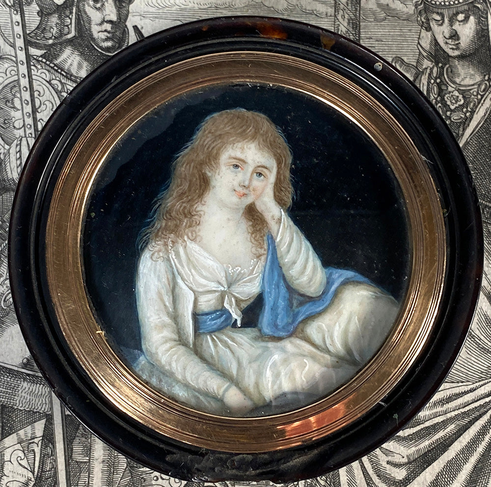 Antique French Portrait Miniature in 18th Century Tortoise Shell Snuff Box, 18k Incroyables et Merveilleux c.1795on Frame Mount