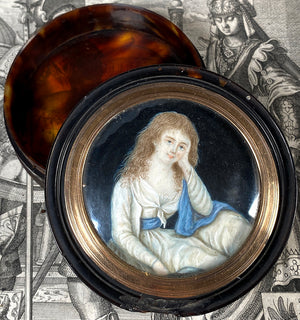 Antique French Portrait Miniature in 18th Century Tortoise Shell Snuff Box, 18k Incroyables et Merveilleux c.1795on Frame Mount