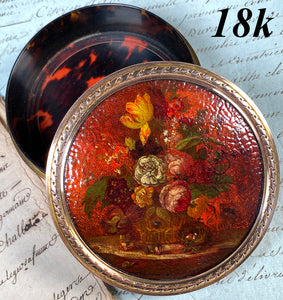 RARE Large Antique 18th Century French Table Snuff, Vernis Martin and 18k Gold Bands, Rings, Tortoise Shell