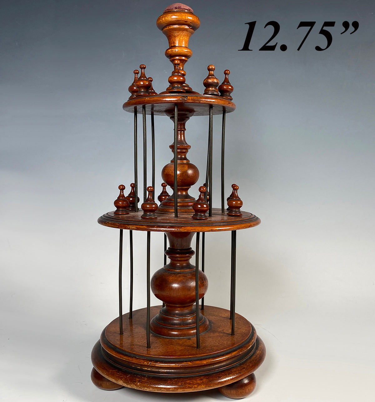 Fine Antique Victorian English Walnut Lathe-turned 12.75" Tall 3-Tier Thread Spool Stand, Caddy