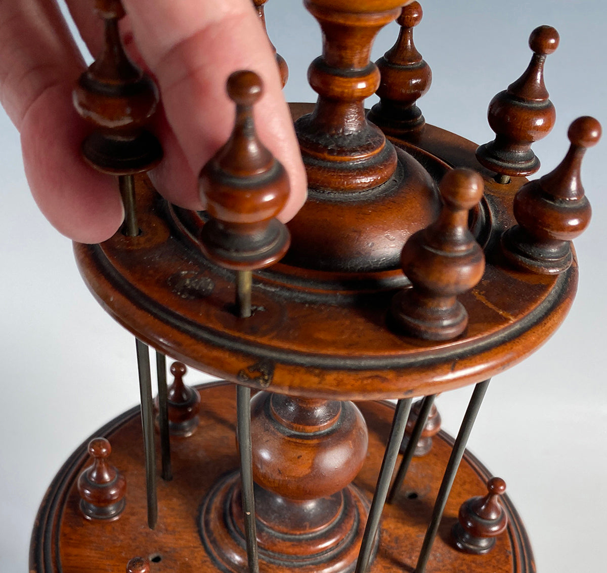 Fine Antique Victorian English Walnut Lathe-turned 12.75" Tall 3-Tier Thread Spool Stand, Caddy