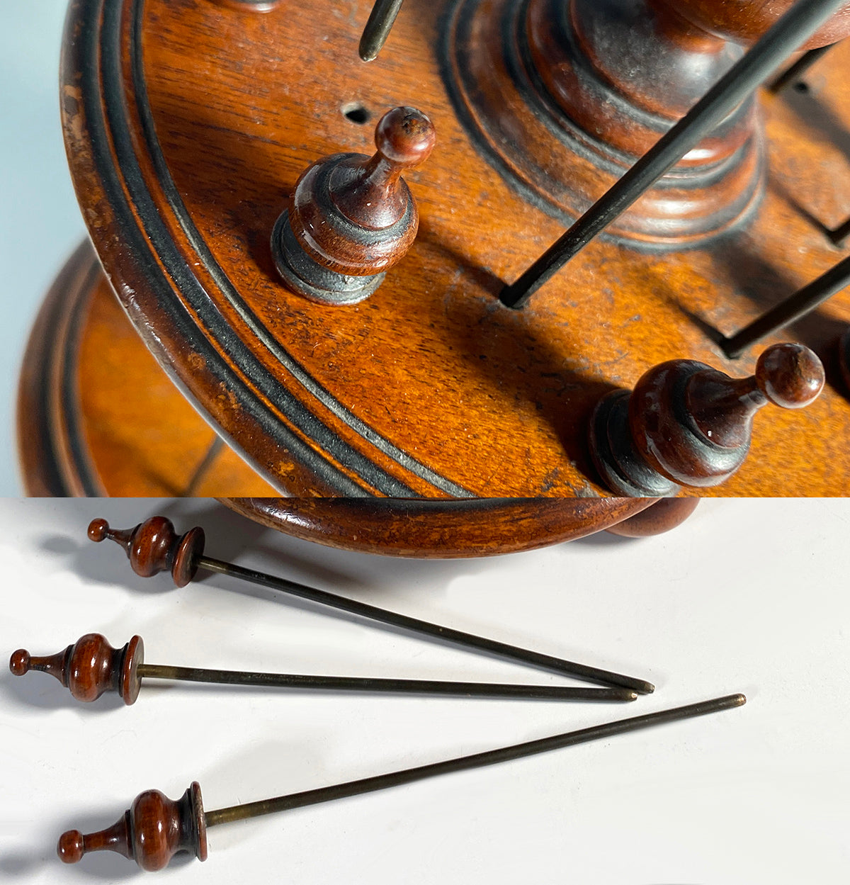 Fine Antique Victorian English Walnut Lathe-turned 12.75" Tall 3-Tier Thread Spool Stand, Caddy