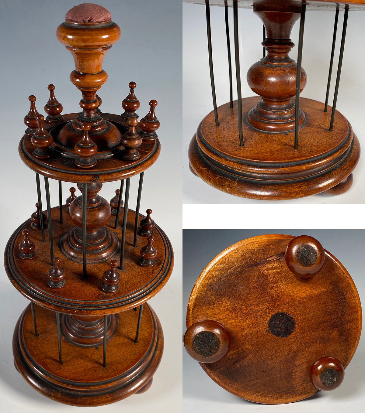 Fine Antique Victorian English Walnut Lathe-turned 12.75" Tall 3-Tier Thread Spool Stand, Caddy